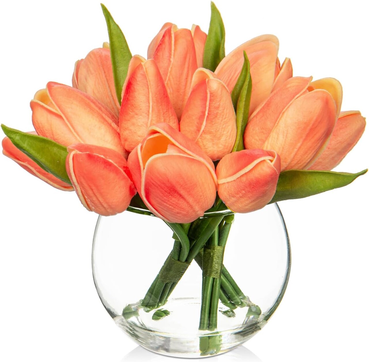 Artificial Peach Tulips in Vase with Faux Water 6" Real Touch Flowers Fake Tulips Small Flowers Arrangement in Round Glass Vase for Mother's Day Table Centerpiece Wedding Home Decor